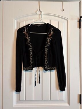 Johnny Was Black Tie-Front Embroidered Crop Top with Gold Detailing